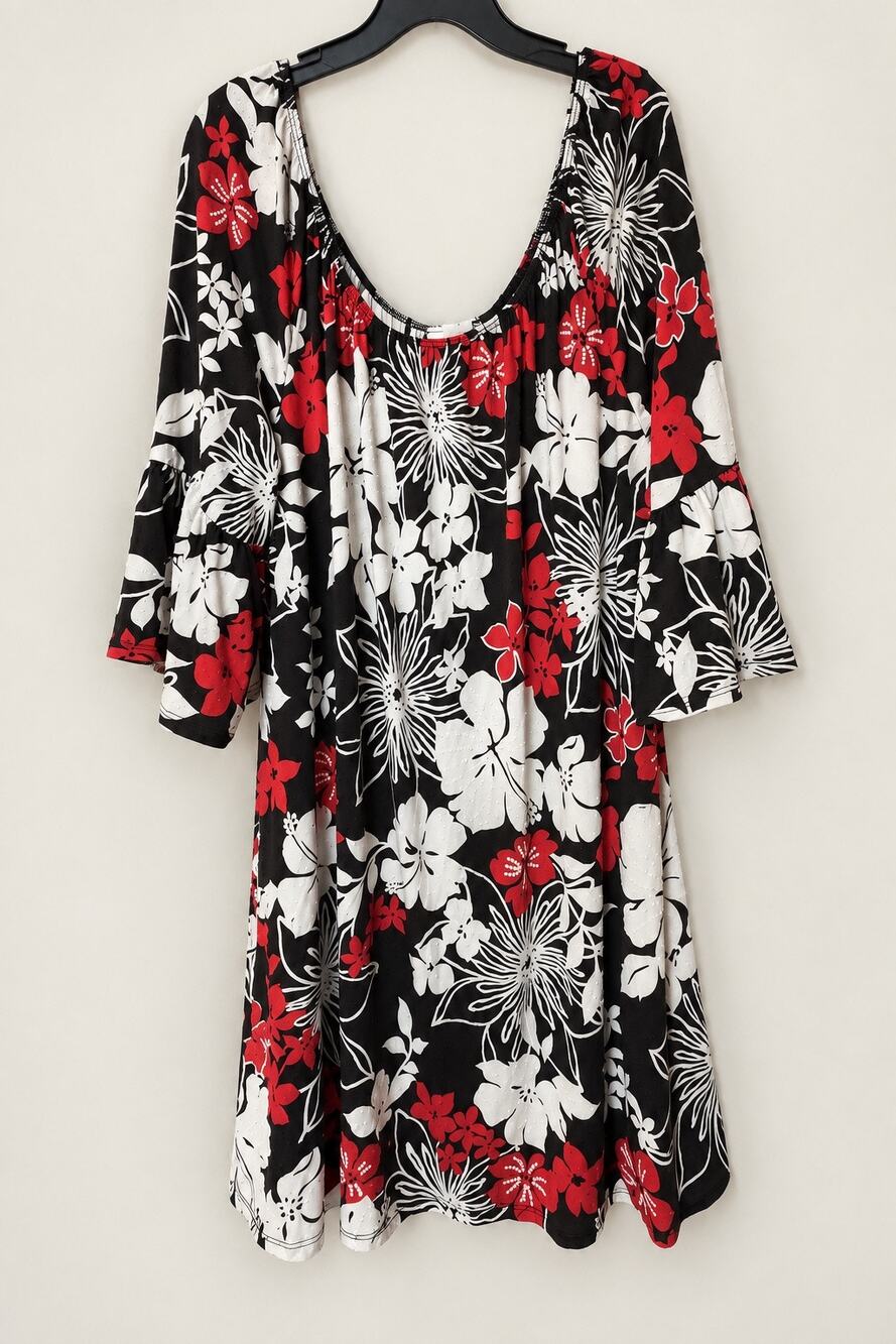 KOI USA 2XL Black Red White Floral Swing Dress Bell Sleeve Plus Size